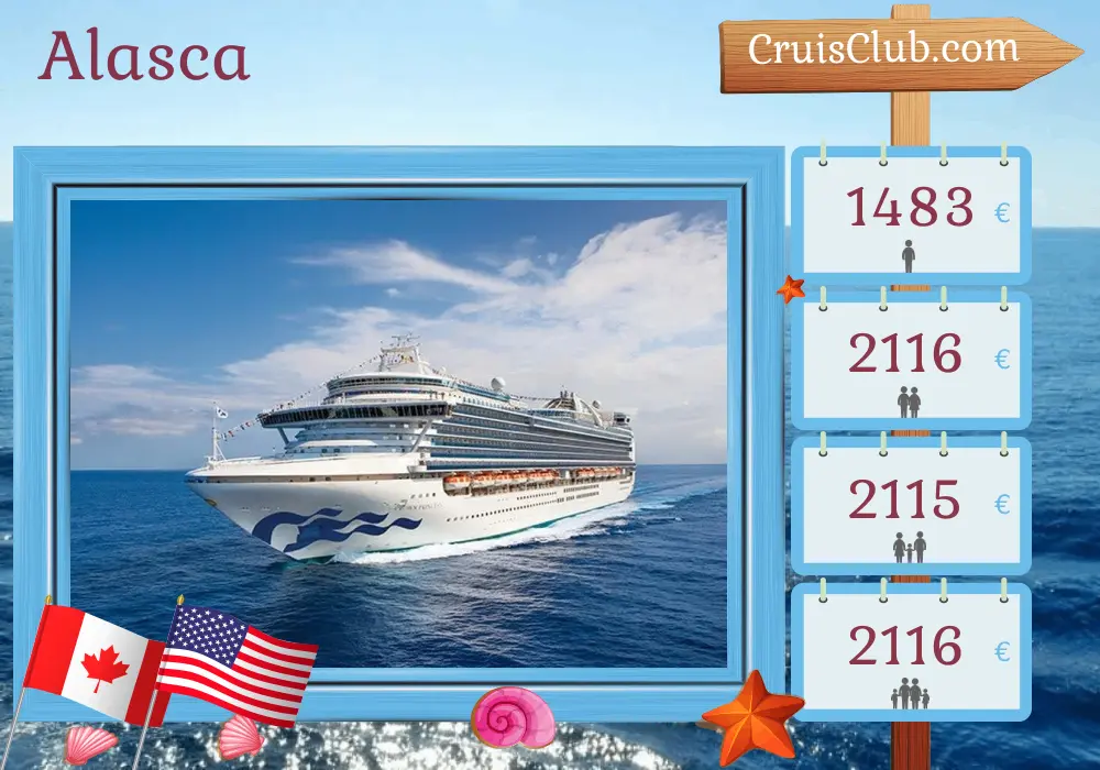 Cruzeiro no Alasca de Vancouver para Anchorage a bordo do navio Crown Princess com visitas ao Canadá e aos EUA por 8 dias