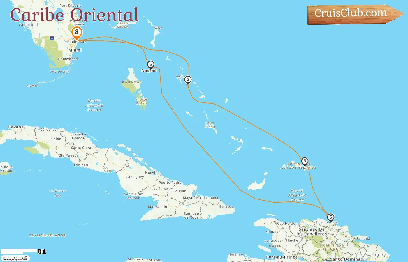 Cruzeiro no Caribe Oriental a partir de Fort Lauderdale a bordo do navio Eurodam com visitas aos EUA, Bahamas e República Dominicana por 8 dias