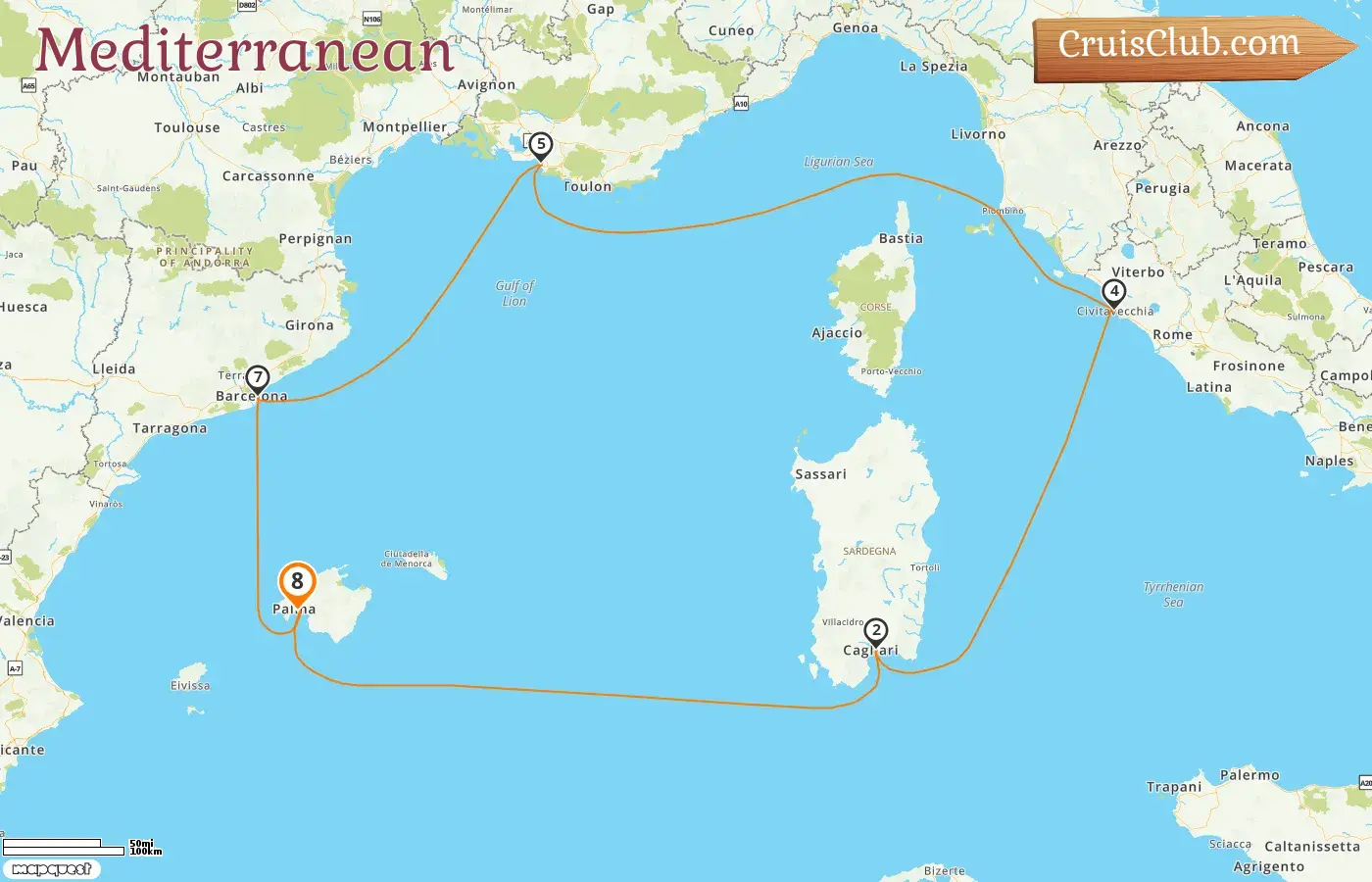 Cruise in the Mediterranean from Palma aboard AIDAcosma ship with visits to Spain, Italy, and France for 8 days