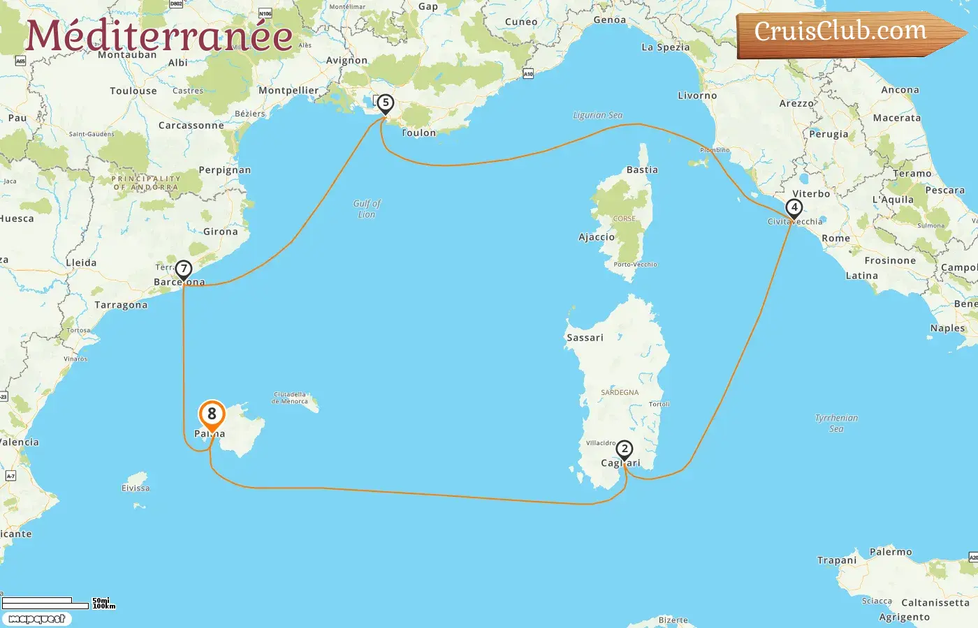 Croisière en Méditerranée au départ de Palma à bord du navire AIDAcosma avec escales en Espagne, en Italie et en France pendant 8 jours