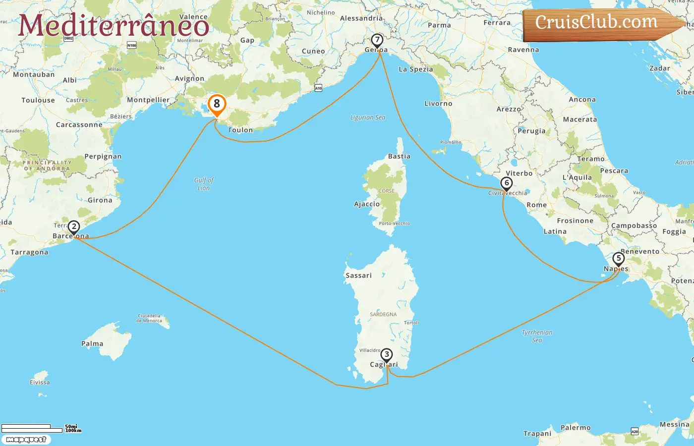 Cruzeiro no Mediterrâneo saindo de Marselha a bordo do navio Costa Toscana com visitas à França, Espanha e Itália por 8 dias