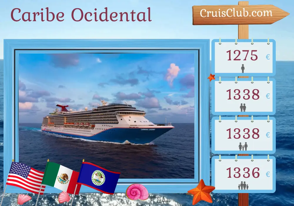 Cruzeiro no Caribe Ocidental partindo de Tampa a bordo do navio Carnival Legend com visitas aos EUA, México, Belize e Honduras por 8 dias