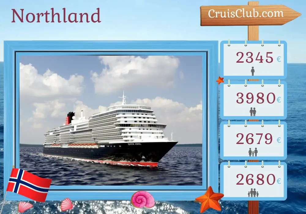 Cruise in the Northland from Southampton aboard Queen Anne ship with visits to Norway for 13 days