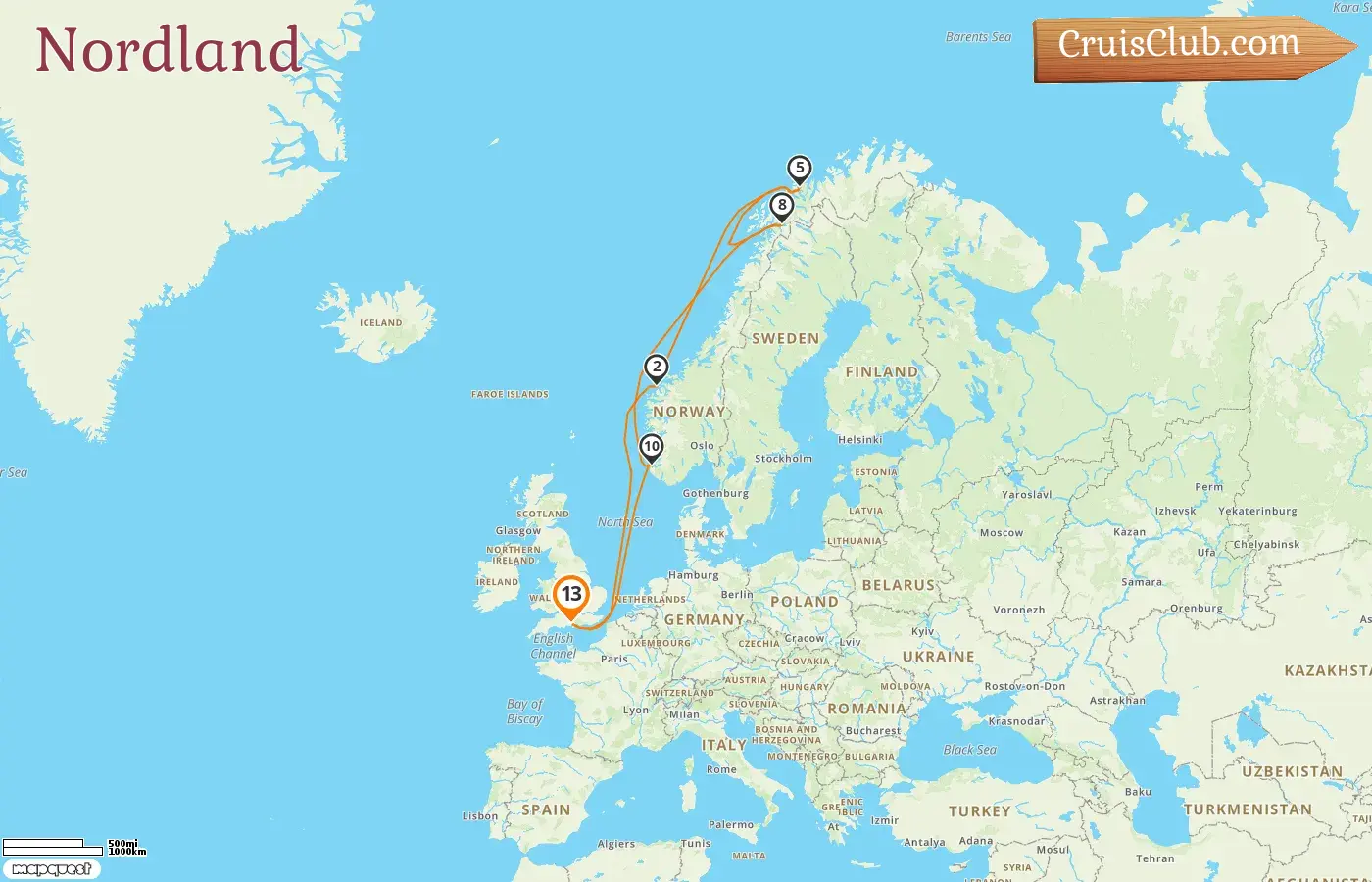 Crucero por el Norte desde Southampton a bordo del barco Queen Anne con visitas a Noruega durante 13 días
