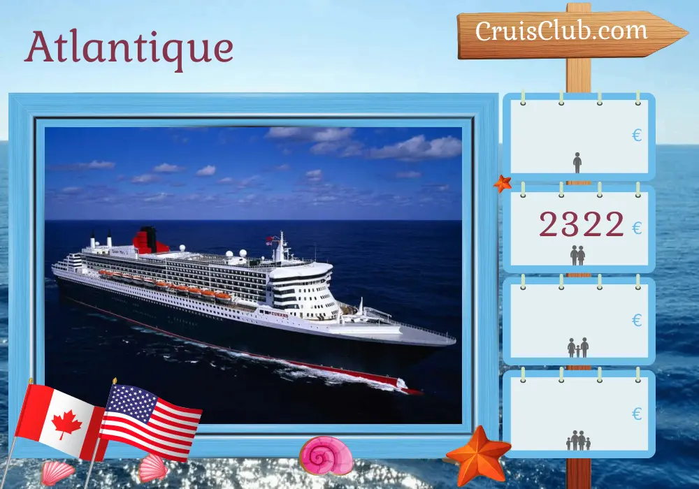 Croisière dans l`Atlantique de Québec à New York à bord du navire Queen Mary 2 avec des arrêts au Canada et aux États-Unis pendant 8 jours