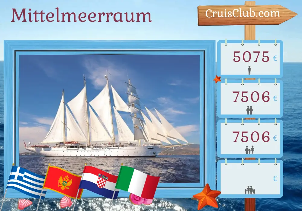 Kreuzfahrt im Mittelmeer von Piräus nach Venedig an Bord des Star Clipper-Schiffs mit Besuchen in Griechenland, Montenegro, Kroatien und Italien für 12 Tage