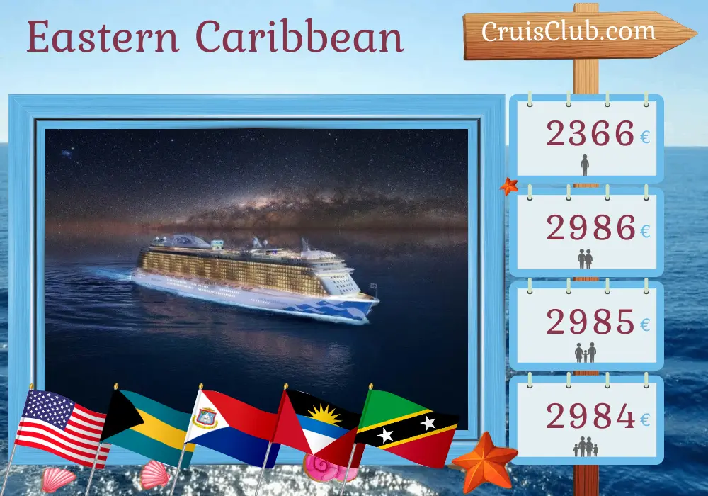 Cruise in the Eastern Caribbean from Fort Lauderdale aboard Enchanted Princess ship with visits to USA, Bahamas, Saint Kitts and Nevis, and British Virgin Islands for 11 days