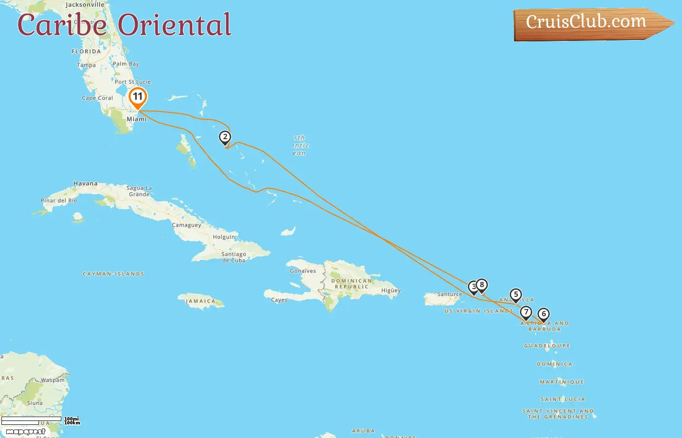Crucero por el Caribe Oriental desde Fort Lauderdale a bordo del barco Enchanted Princess con visitas a EE. UU., Bahamas, San Cristóbal y Nieves, e Islas Vírgenes Británicas durante 11 días