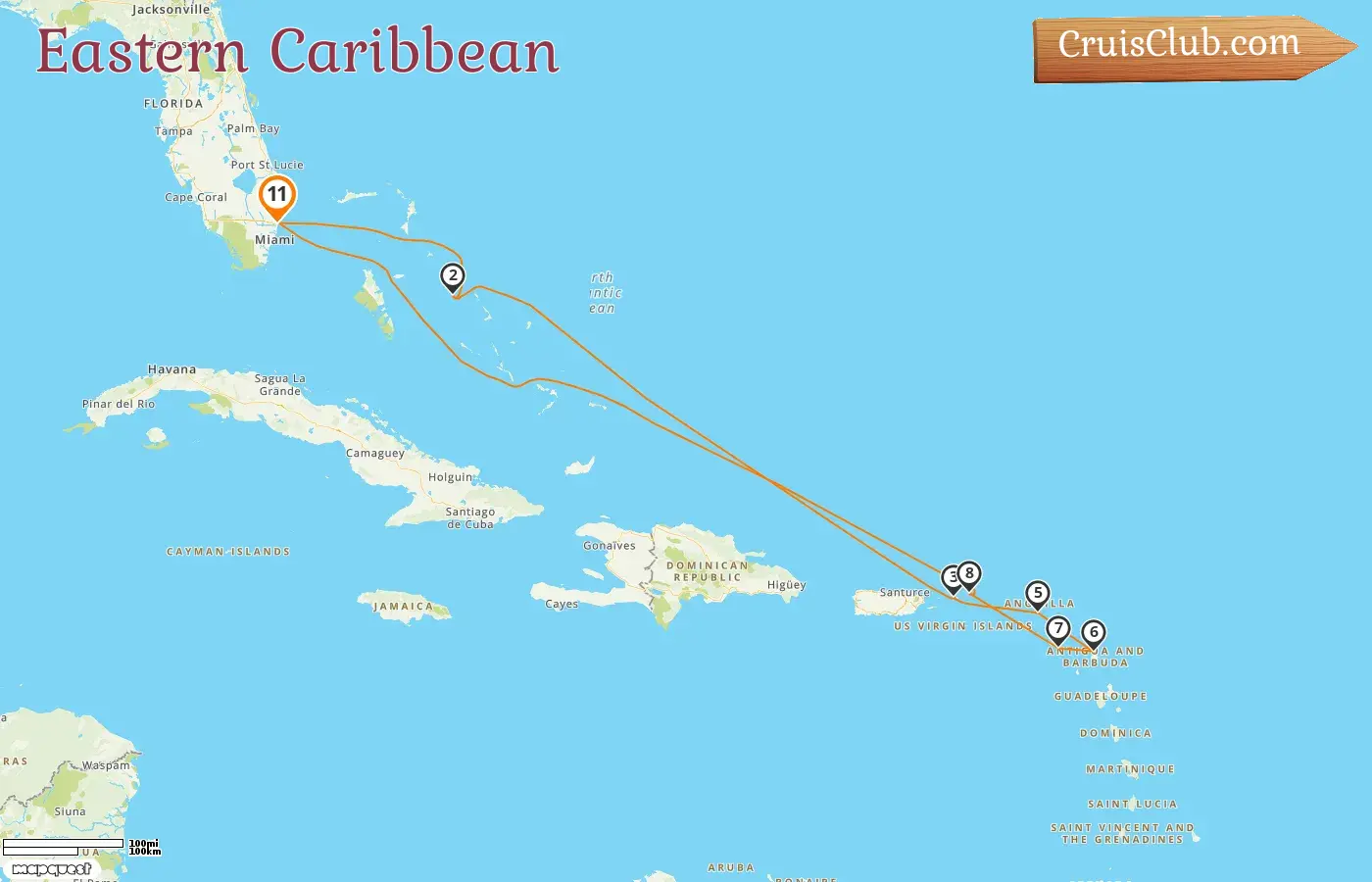 Cruise in the Eastern Caribbean from Fort Lauderdale aboard Enchanted Princess ship with visits to USA, Bahamas, Saint Kitts and Nevis, and British Virgin Islands for 11 days