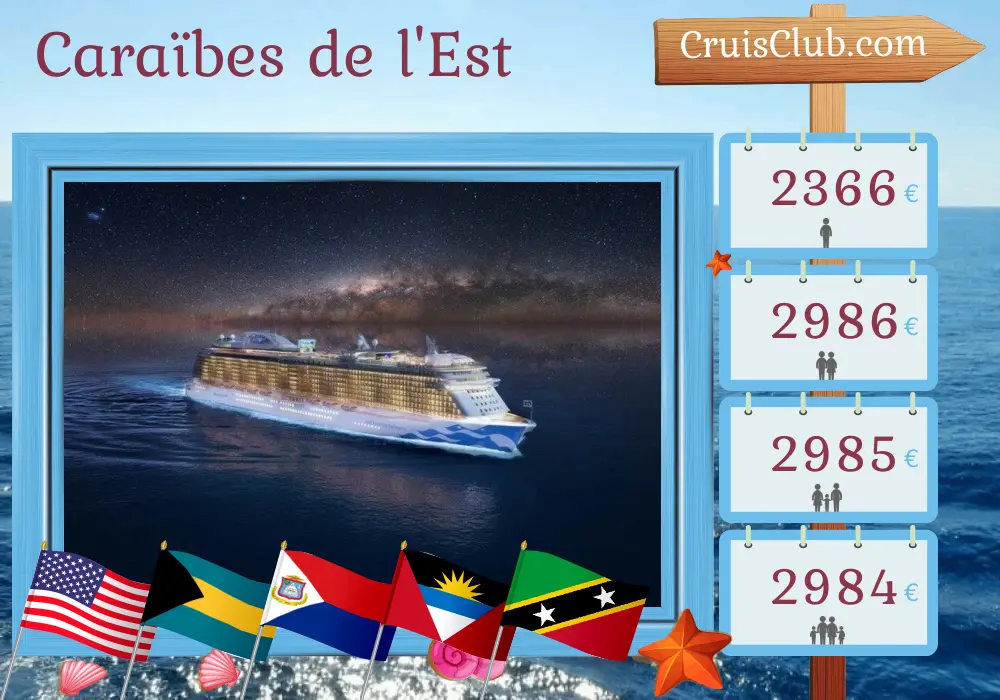 Croisière dans les Caraïbes de l`Est au départ de Fort Lauderdale à bord du navire Enchanted Princess avec des visites aux États-Unis, aux Bahamas, à Saint-Kitts-et-Nevis et aux îles Vierges britanniques pendant 11 jours