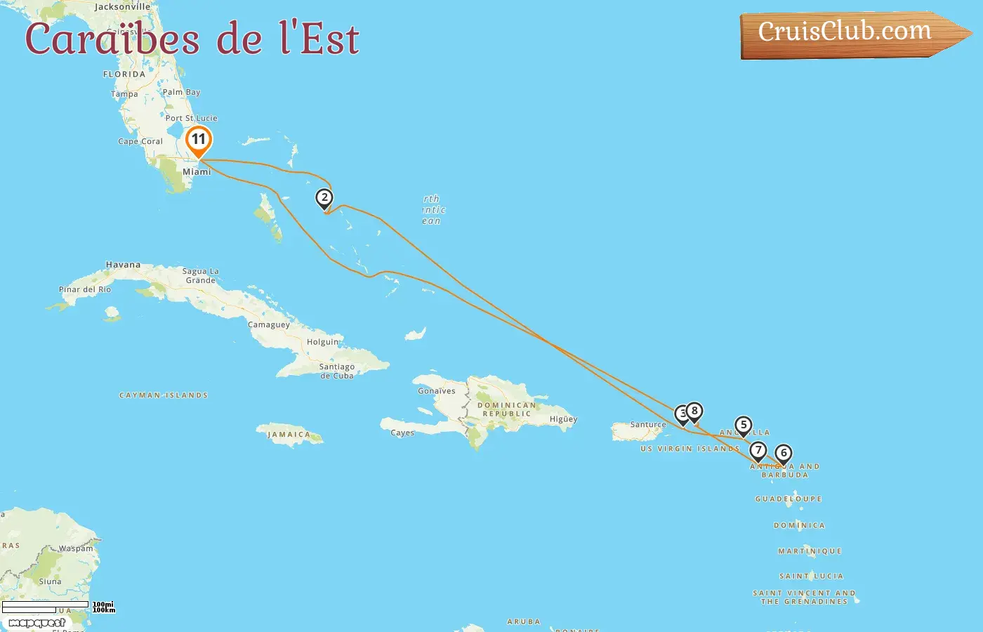 Croisière dans les Caraïbes de l`Est au départ de Fort Lauderdale à bord du navire Enchanted Princess avec des visites aux États-Unis, aux Bahamas, à Saint-Kitts-et-Nevis et aux îles Vierges britanniques pendant 11 jours