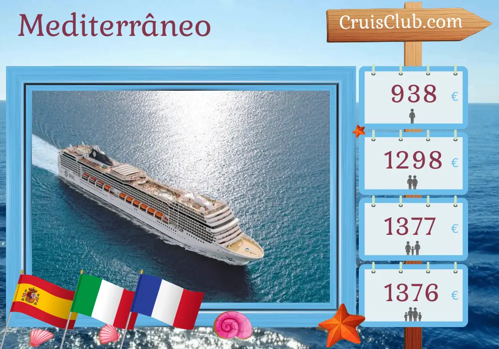 Cruzeiro no Mediterrâneo partindo de Barcelona a bordo do navio MSC Magnifica com visitas à Espanha, Itália e França por 6 dias