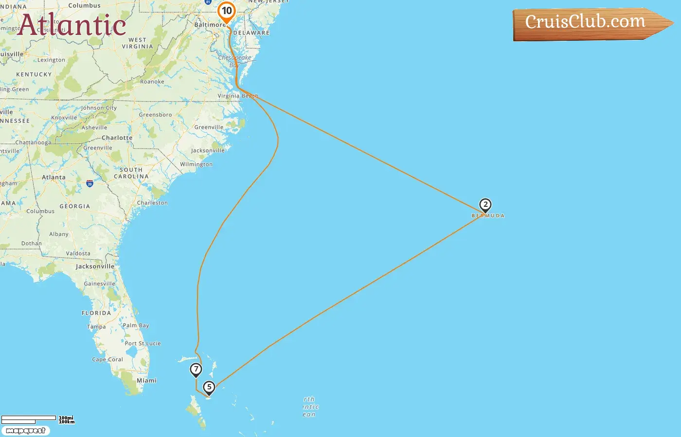 Cruise in the Atlantic from Baltimore aboard Vision of the Seas ship with visits to USA, Bermuda, and Bahamas for 10 days