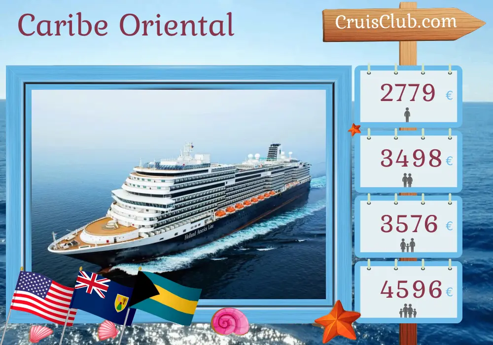 Cruzeiro no Caribe Oriental a partir de Fort Lauderdale a bordo do navio Koningsdam com visitas aos EUA, Porto Rico e Bahamas por 8 dias
