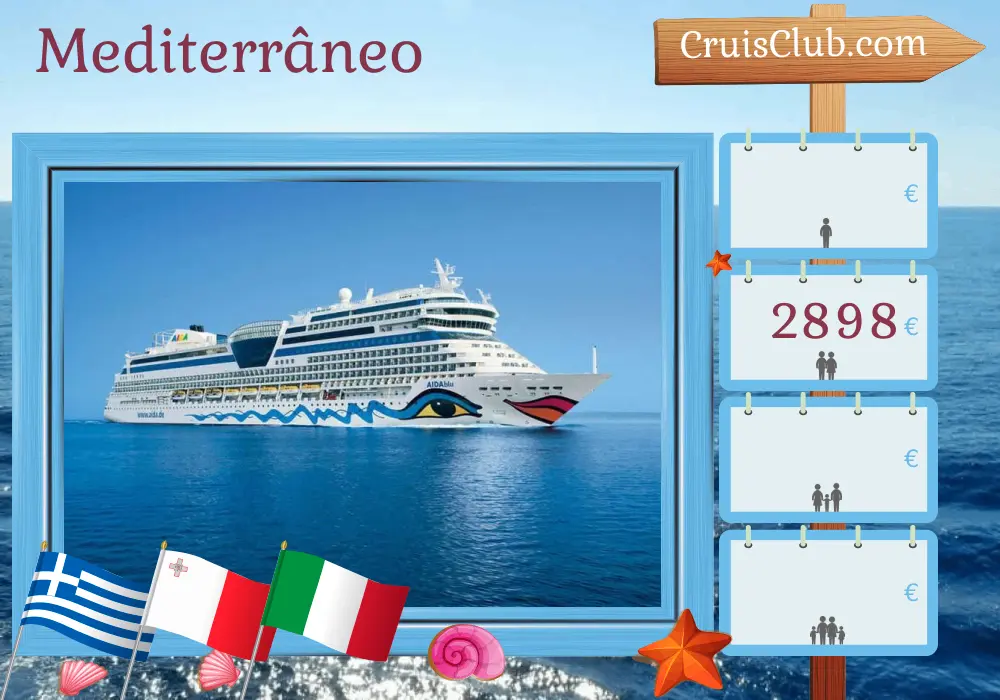 Cruzeiro no Mediterrâneo a partir de Corfu a bordo do navio AIDAblu com visitas à Grécia, Malta e Itália por 8 dias