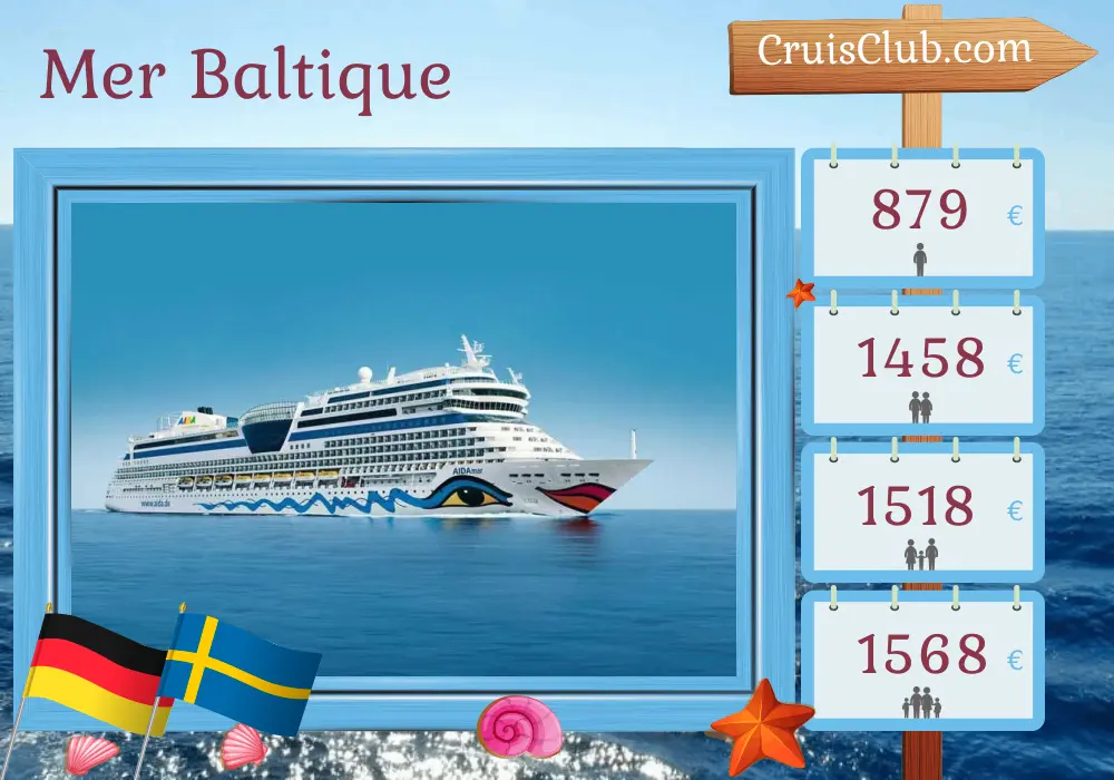 Croisière en mer Baltique au départ de Warnemünde à bord du navire AIDAmar avec escales en Allemagne et en Suède pendant 5 jours