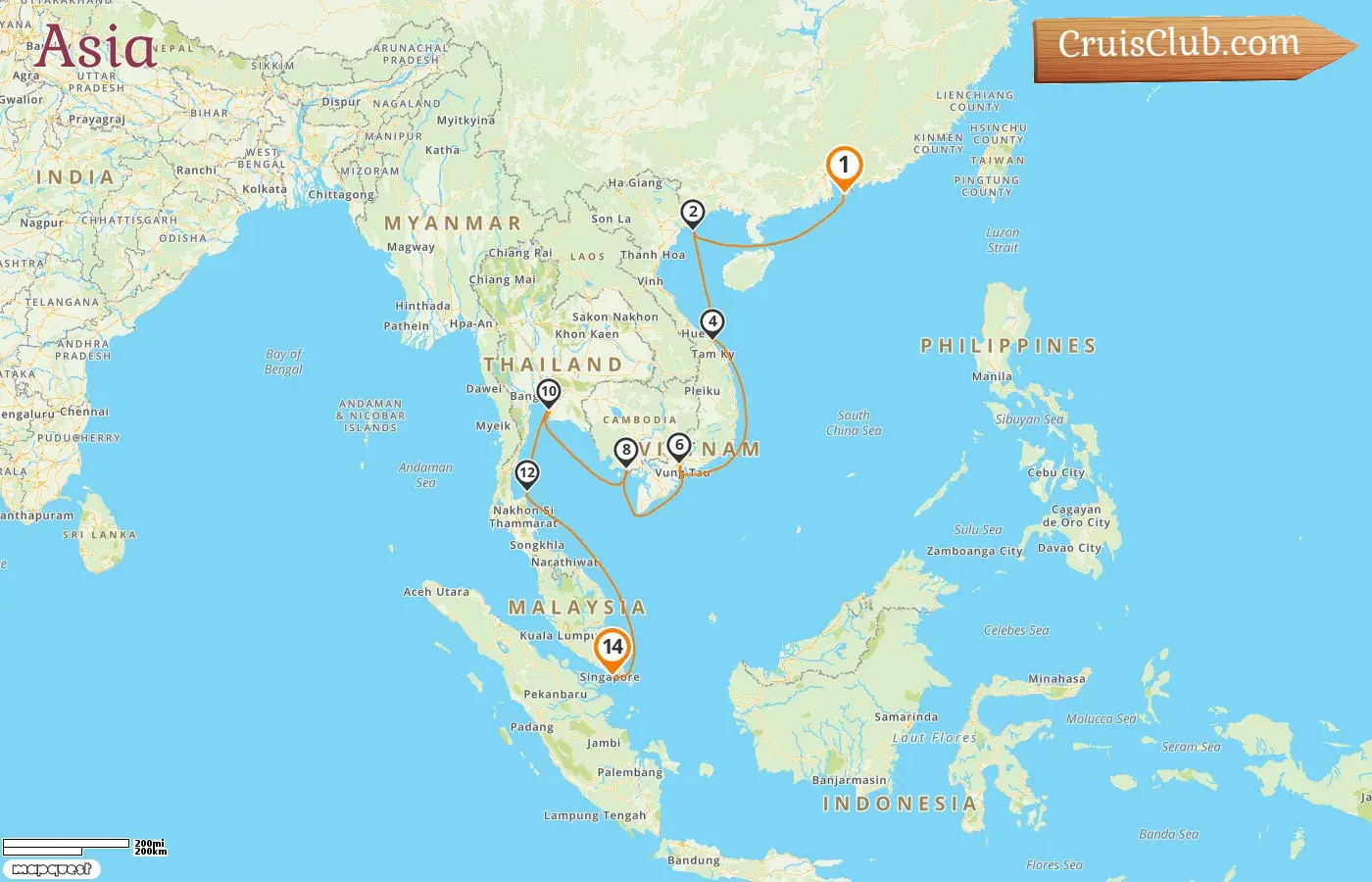 Cruise in the Asia from Hong Kong to Singapore aboard Westerdam ship with visits to Hong Kong, Viet Nam, Cambodia, Thailand, and Singapore for 14 days