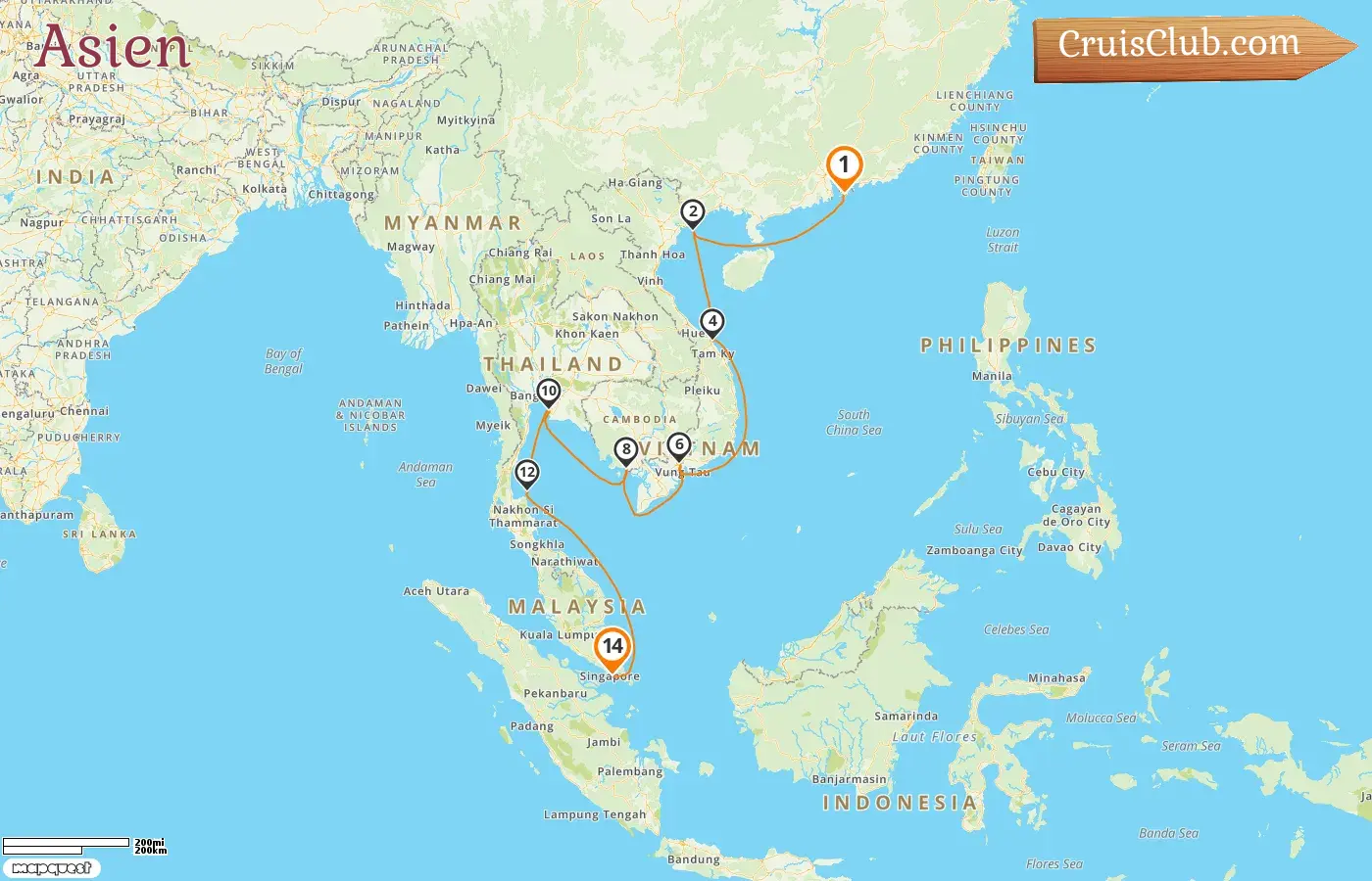 Kreuzfahrt in Asien von Hongkong nach Singapur an Bord des Schiffes Westerdam mit Stopps in Hongkong, Vietnam, Kambodscha, Thailand und Singapur für 14 Tage