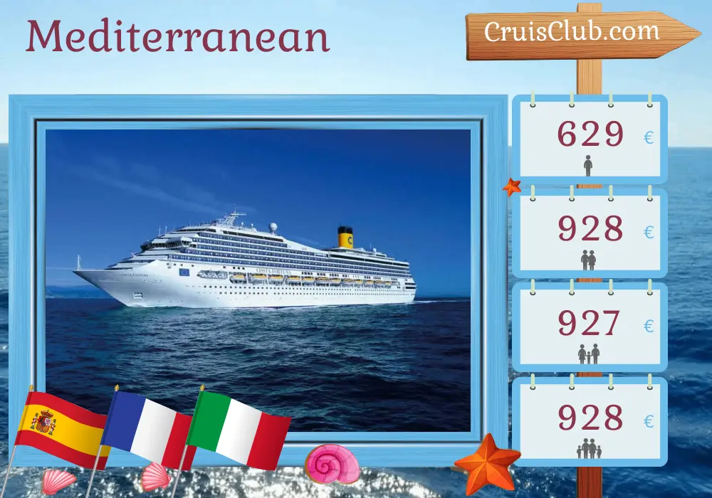 Cruise in the Mediterranean from Barcelona aboard Costa Fortuna ship with visits to Spain, France, and Italy for 5 days
