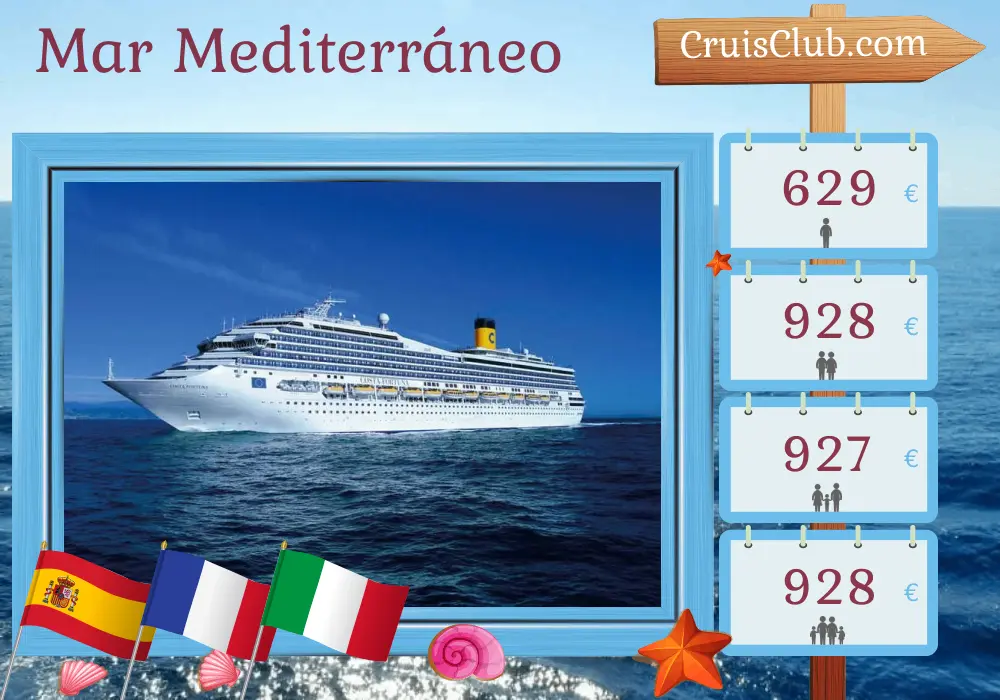 Crucero por el Mediterráneo desde Barcelona a bordo del barco Costa Fortuna con visitas a España, Francia e Italia durante 5 días