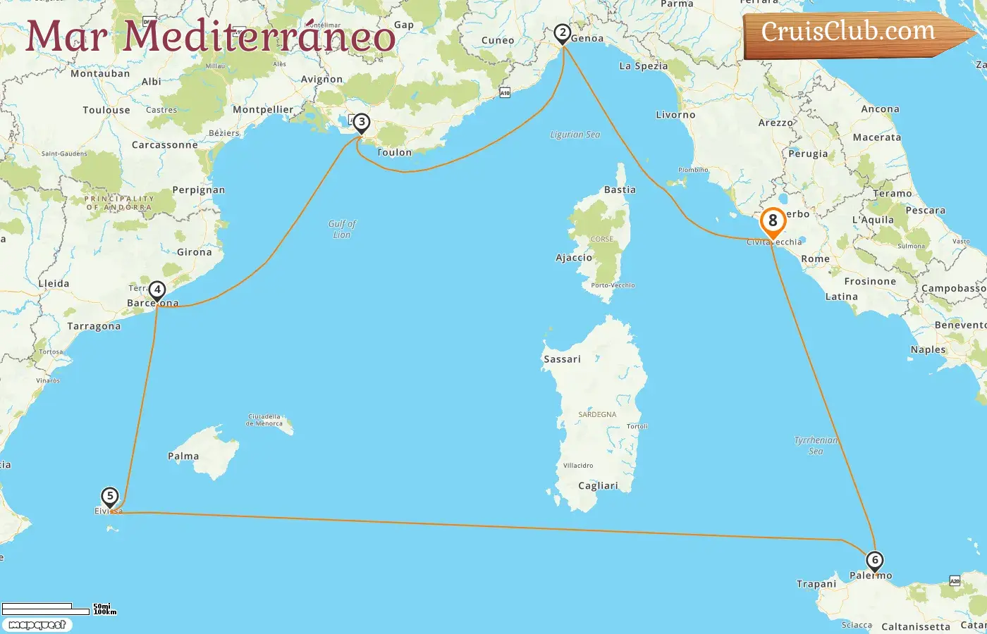 Crucero por el Mediterráneo desde Civitavecchia a bordo del barco Costa Smeralda con visitas a Italia, Francia y España durante 8 días