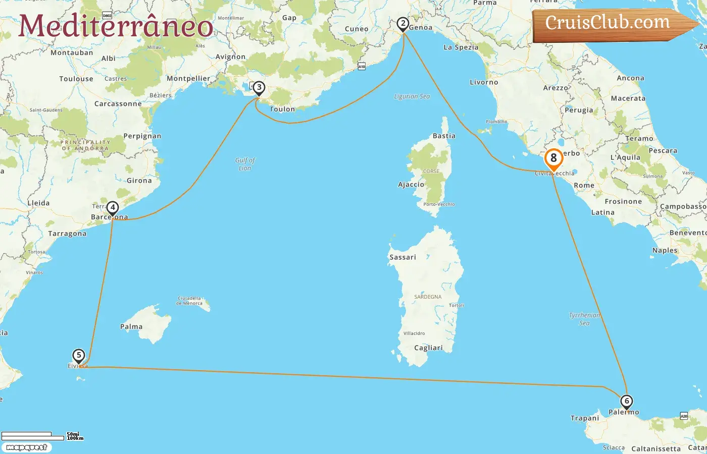 Cruzeiro no Mediterrâneo a partir de Civitavecchia a bordo do navio Costa Smeralda com visitas à Itália, França e Espanha por 8 dias