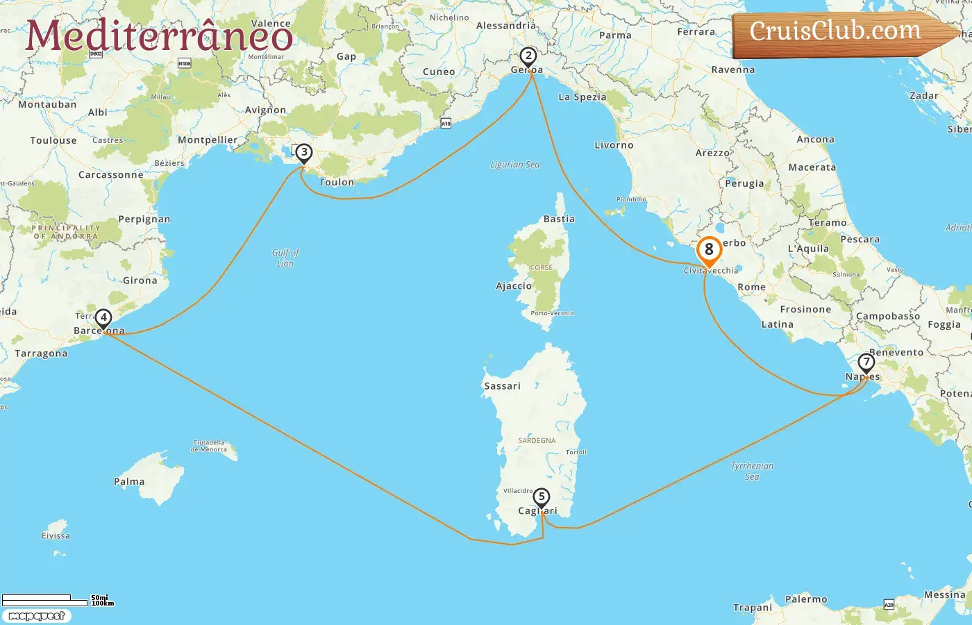 Cruzeiro no Mediterrâneo de Civitavecchia a bordo do navio Costa Toscana com visitas à Itália, França e Espanha por 8 dias
