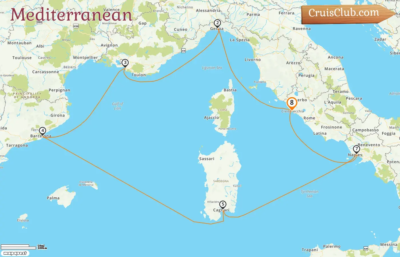 Cruise in the Mediterranean from Civitavecchia aboard Costa Toscana ship with visits to Italy, France, and Spain for 8 days