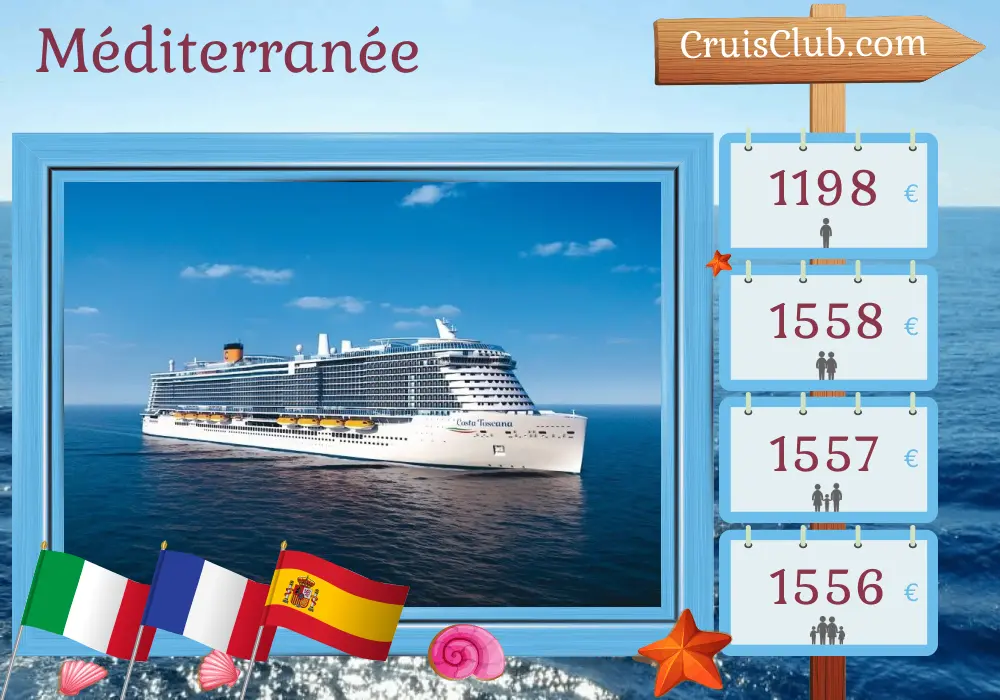 Croisière en Méditerranée au départ de Civitavecchia à bord du navire Costa Toscana avec des escales en Italie, en France et en Espagne pendant 8 jours
