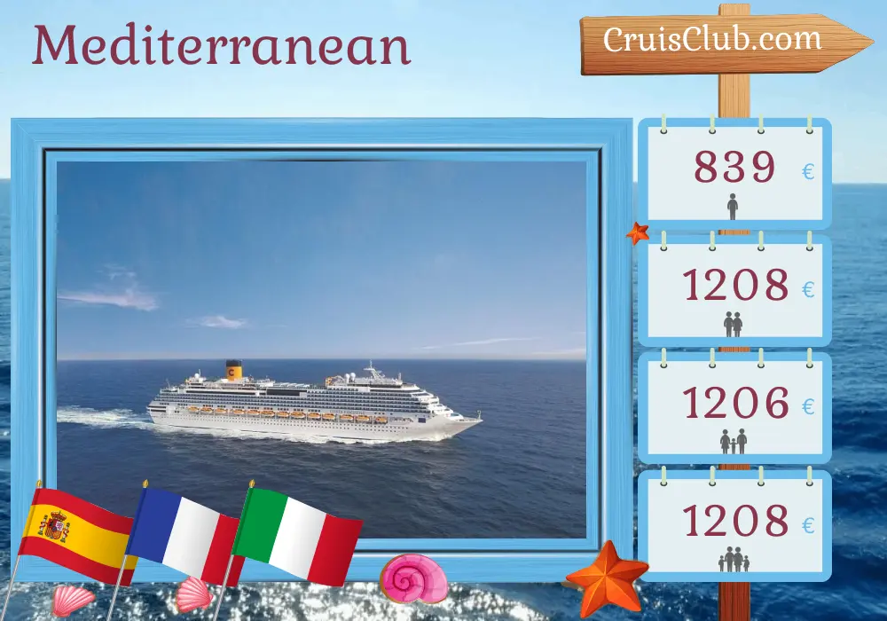 Cruise in the Mediterranean from Barcelona aboard Costa Fascinosa ship with visits to Spain, France, and Italy for 5 days