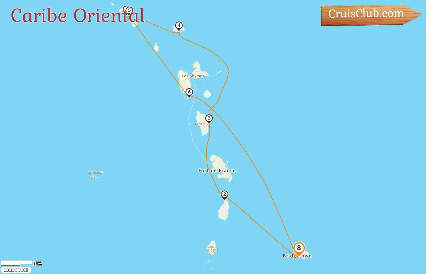 Cruzeiro no Caribe Oriental partindo de Bridgetown a bordo do navio Royal Clipper com visitas a Barbados, Santa Lúcia, Dominica, São Cristóvão e Nevis, e Guadalupe por 8 dias