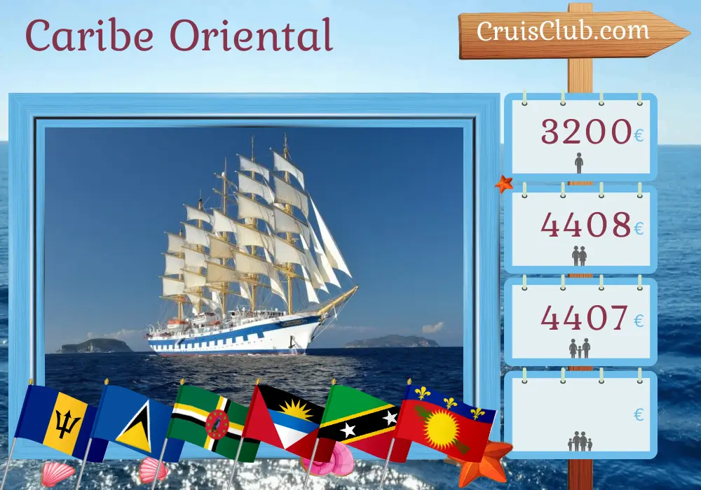 Crucero por el Caribe Oriental desde Bridgetown a bordo del barco Royal Clipper con visitas a Barbados, Santa Lucía, Dominica, San Cristóbal y Nieves, y Guadalupe durante 8 días