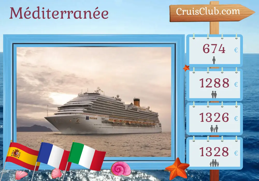 Croisière en Méditerranée au départ de Barcelone à bord du navire Costa Diadema avec des visites en Espagne, en France et en Italie pendant 5 jours