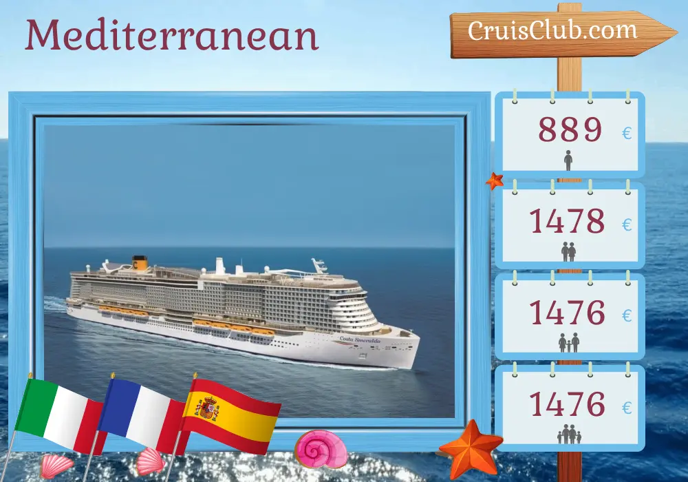 Cruise in the Mediterranean from Genoa aboard Costa Smeralda ship with visits to Italy, France, and Spain for 8 days