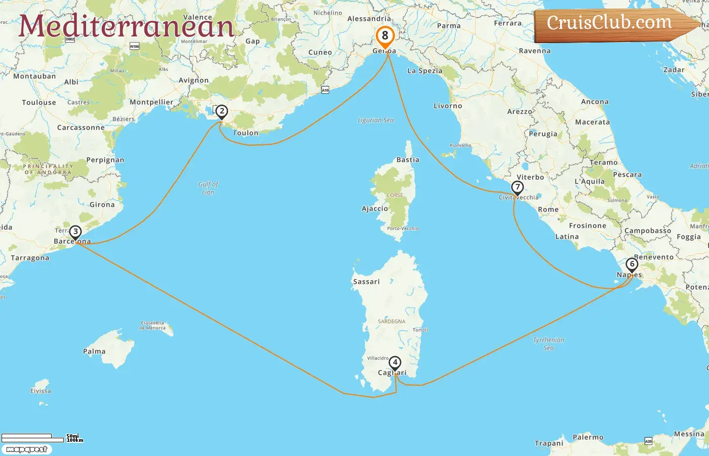 Cruise in the Mediterranean from Genoa aboard Costa Smeralda ship with visits to Italy, France, and Spain for 8 days