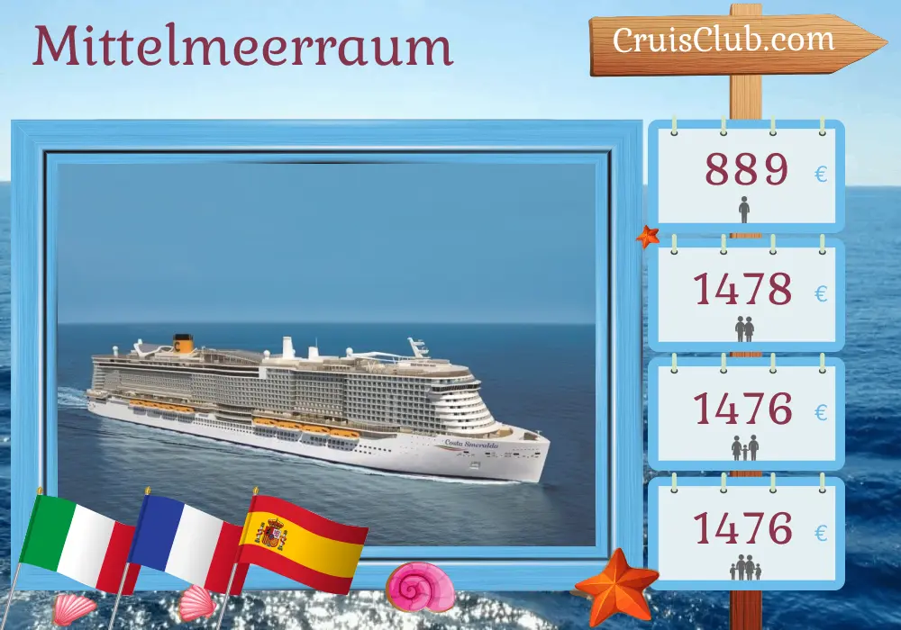 Kreuzfahrt im Mittelmeer ab Genua an Bord des Schiffes Costa Smeralda mit Besuchen in Italien, Frankreich und Spanien für 8 Tage