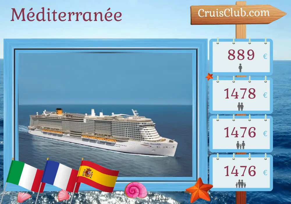 Croisière en Méditerranée depuis Gênes à bord du navire Costa Smeralda avec des escales en Italie, en France et en Espagne pendant 8 jours