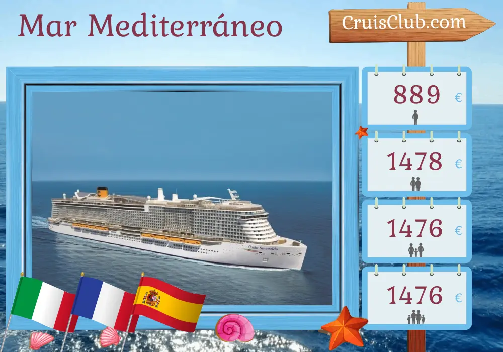 Crucero por el Mediterráneo desde Génova a bordo del barco Costa Smeralda con visitas a Italia, Francia y España durante 8 días
