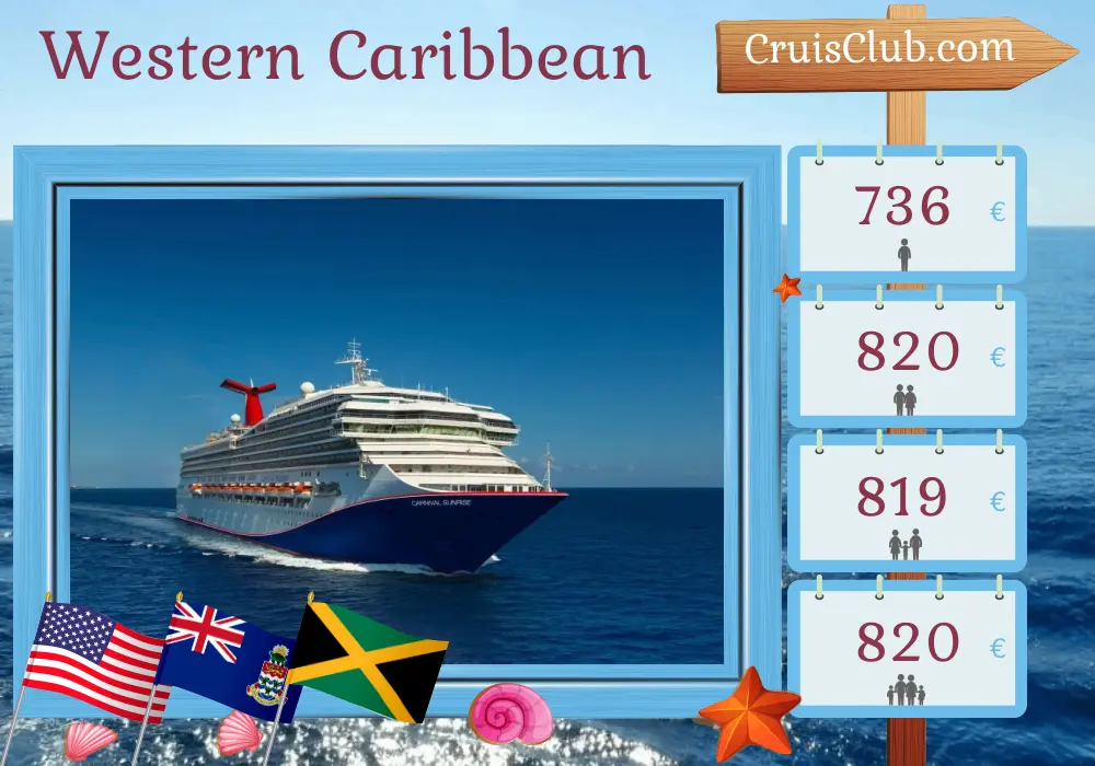 Cruise in the Western Caribbean from Miami aboard Carnival Sunrise ship with visits to USA, Cayman Islands, and Jamaica for 6 days