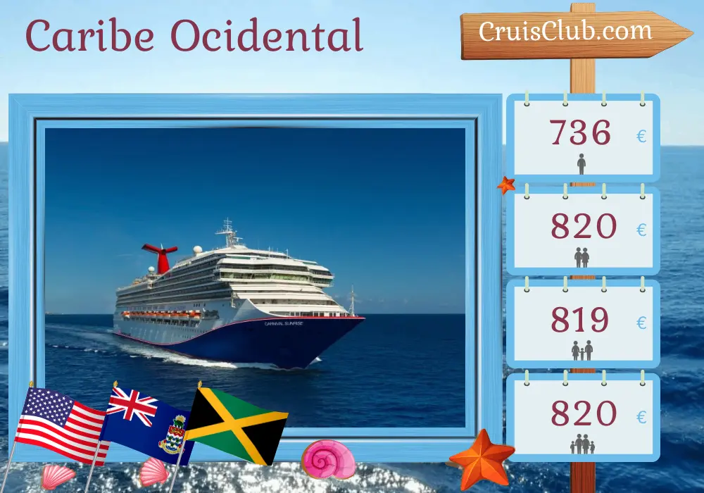 Cruzeiro no Caribe Ocidental de Miami a bordo do navio Carnival Sunrise com visitas aos EUA, Ilhas Cayman e Jamaica por 6 dias