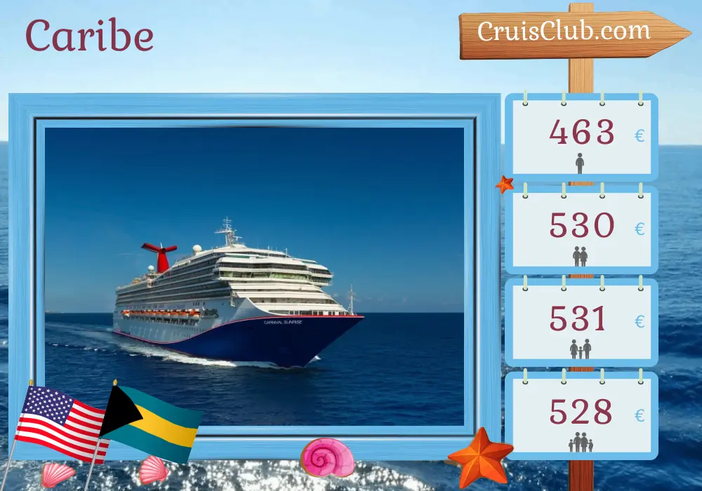 Cruzeiro no Caribe a partir de Miami a bordo do navio Carnival Sunrise com visitas aos EUA e Bahamas por 5 dias