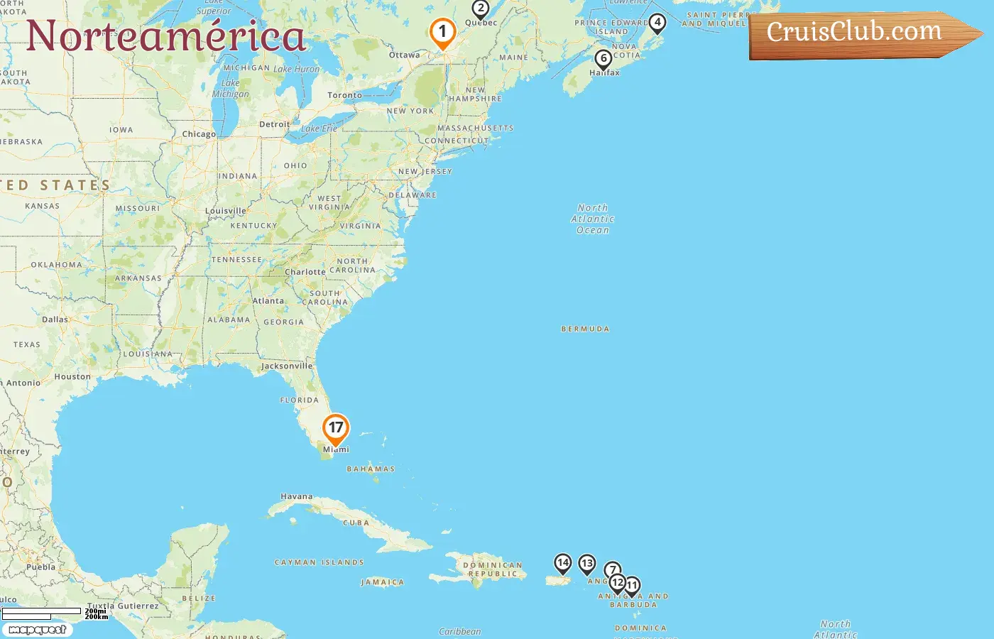 Crucero por América del Norte de Montreal a Miami a bordo del barco Seven Seas Splendor con visitas a Canadá, Islas Vírgenes Británicas, Puerto Rico y EE. UU. durante 17 días