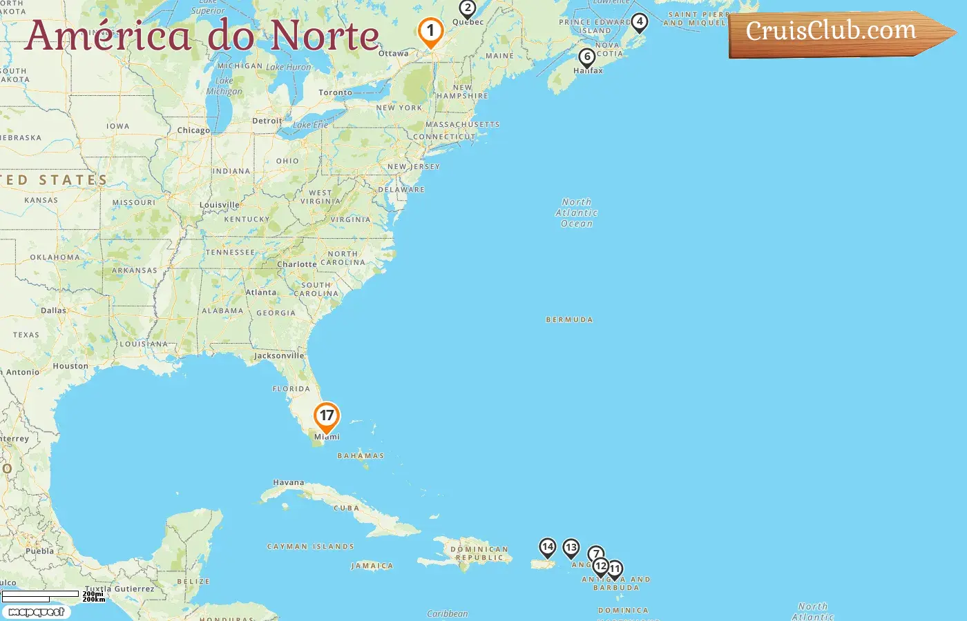 Cruzeiro na América do Norte de Montreal a Miami a bordo do navio Seven Seas Splendor com visitas ao Canadá, Ilhas Virgens Britânicas, Porto Rico e EUA por 17 dias