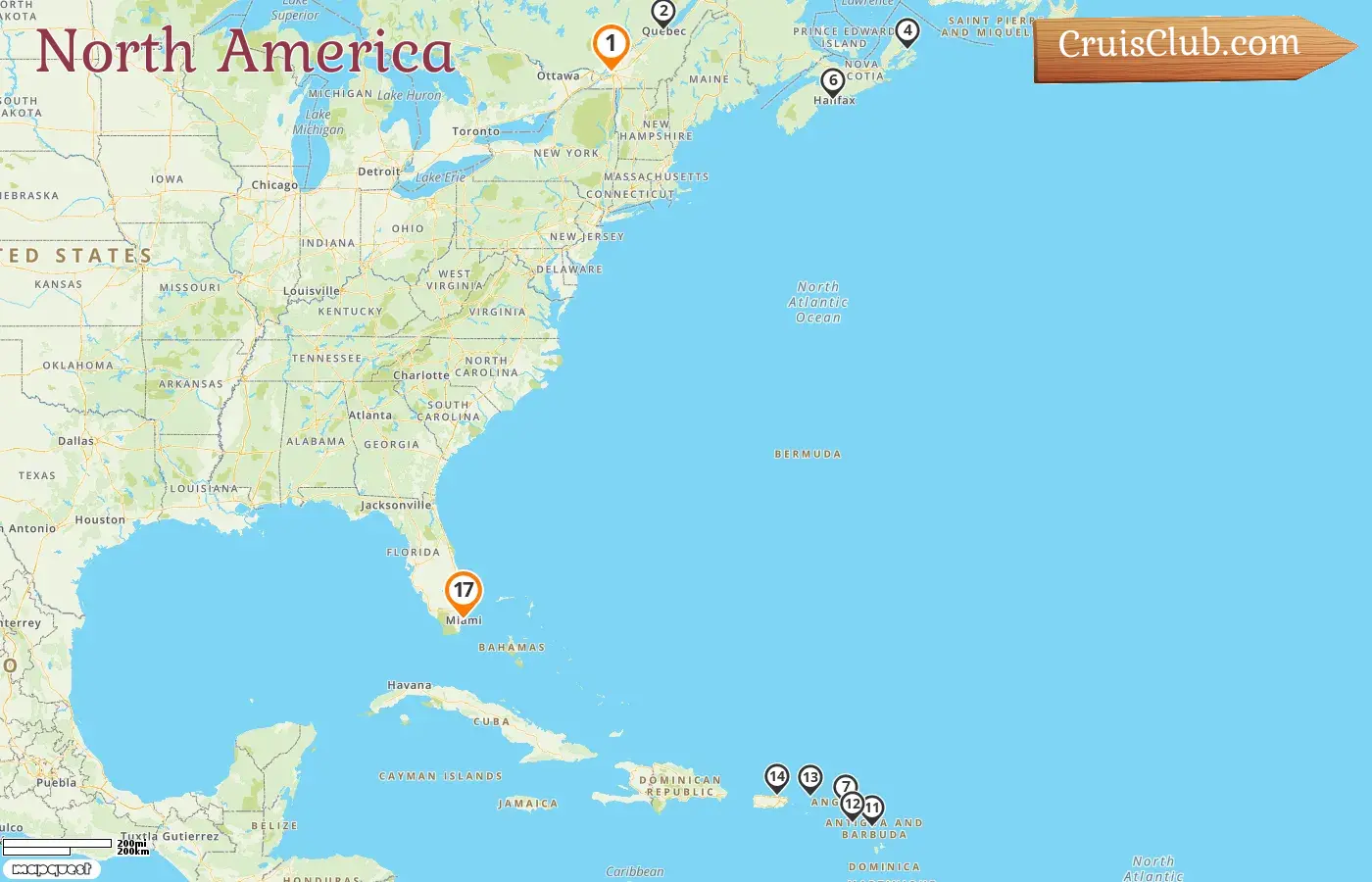 Cruise in the North America from Montreal to Miami aboard Seven Seas Splendor ship with visits to Canada, British Virgin Islands, Puerto Rico, and USA for 17 days