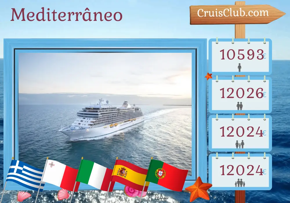 Cruzeiro no Mediterrâneo de Pireu a Lisboa a bordo do navio Seven Seas Splendor com visitas à Grécia, Malta, Itália, Tunísia, Espanha e Portugal por 11 dias