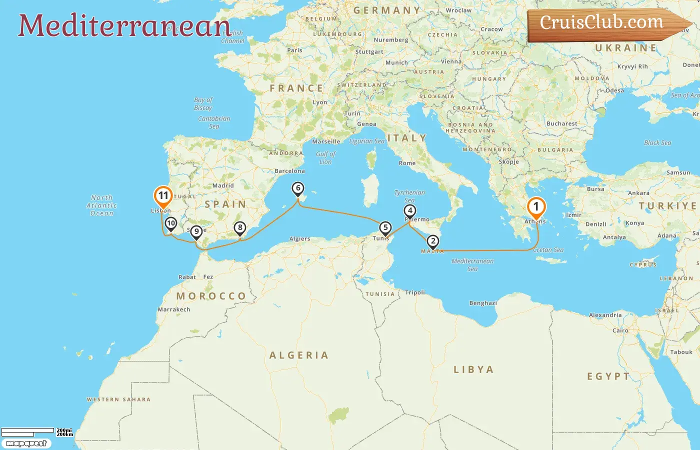 Cruise in the Mediterranean from Piraeus to Lisbon aboard Seven Seas Splendor ship with visits to Greece, Malta, Italy, Tunisia, Spain, and Portugal for 11 days
