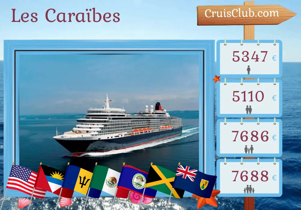 Croisière dans les Caraïbes depuis Miami à bord du navire Queen Elizabeth avec des escales aux États-Unis, à la Barbade, au Mexique, au Belize et en Jamaïque pendant 22 jours