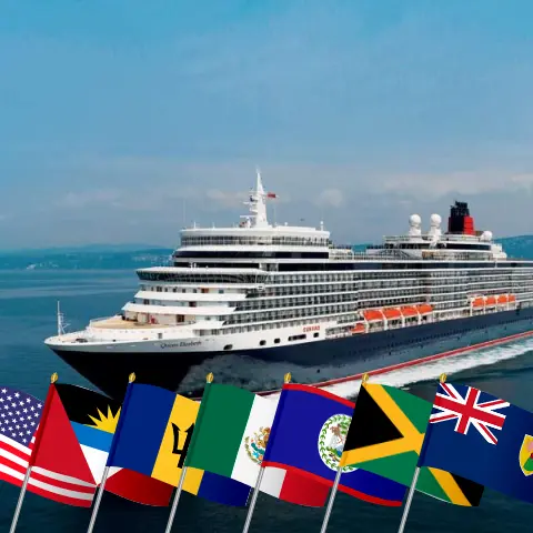 Cruise in the Caribbean from Miami aboard Queen Elizabeth ship with visits to USA, Barbados, Mexico, Belize, and Jamaica for 22 days