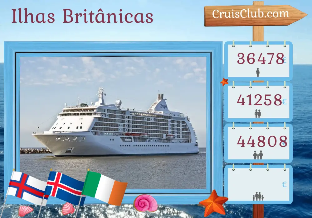 Cruzeiro nas Ilhas Britânicas a partir de Southampton a bordo do navio Seven Seas Voyager com visitas às Ilhas Faroe, Islândia e Irlanda por 21 dias