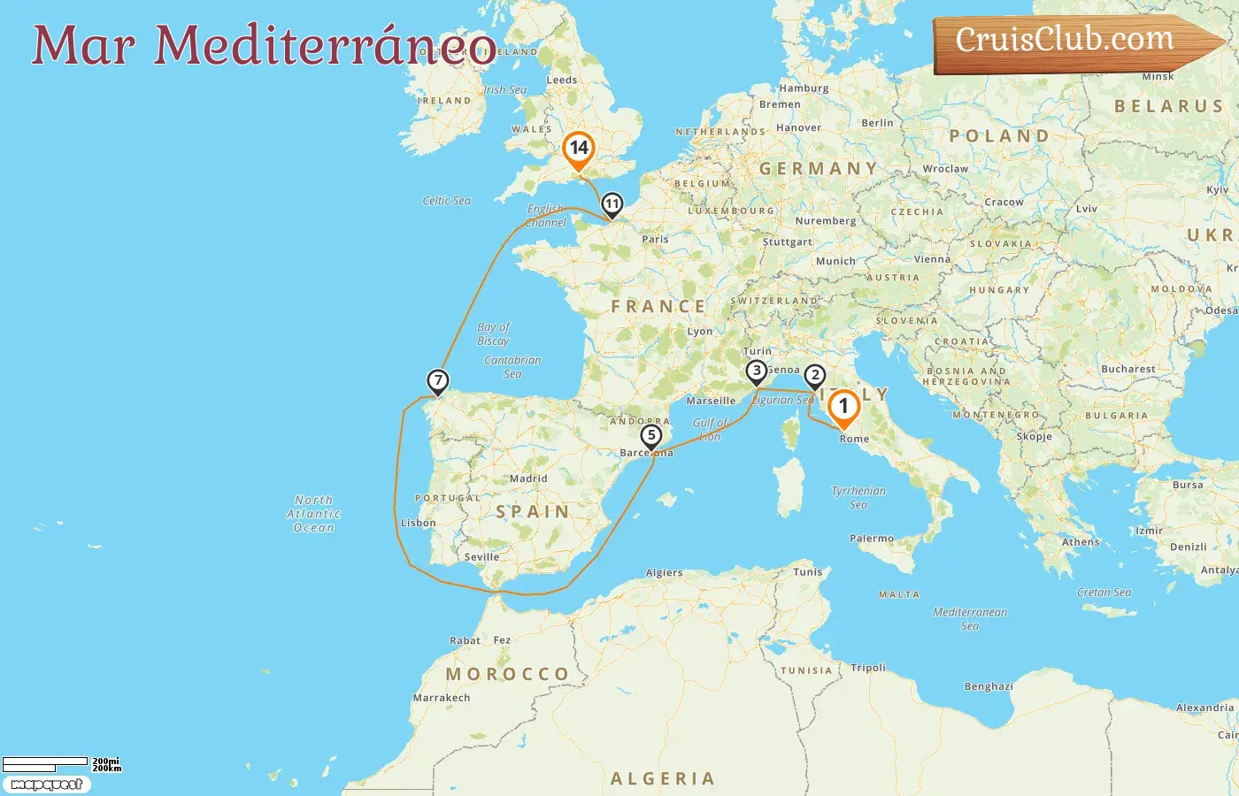 Crucero por el Mediterráneo desde Civitavecchia a Southampton a bordo del barco Seven Seas Grandeur con visitas a Italia, Mónaco, España y Francia durante 14 días